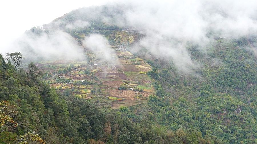 Geh&ouml;fte, Felder und Bergurwald - Ost-Bhutan: Landschaft