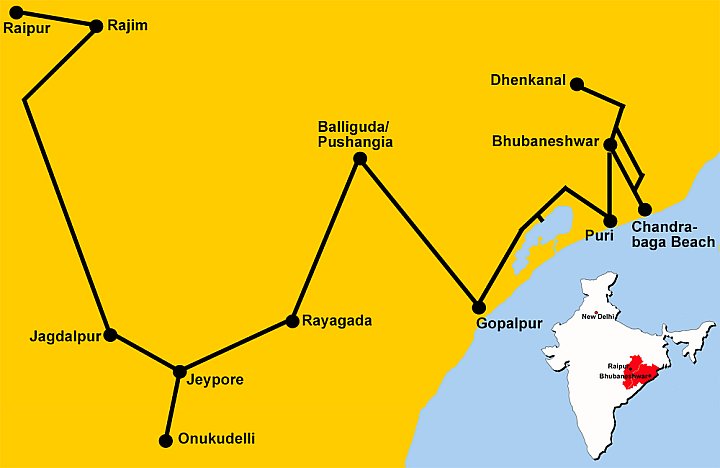 Reiseroute in Indien in Odisha und Chhattisgarh - IND-Blog-Bilder