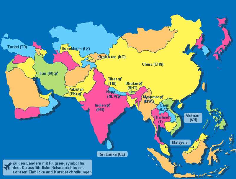 Asien-Karte mit den Laendern die ich bereits besucht habe